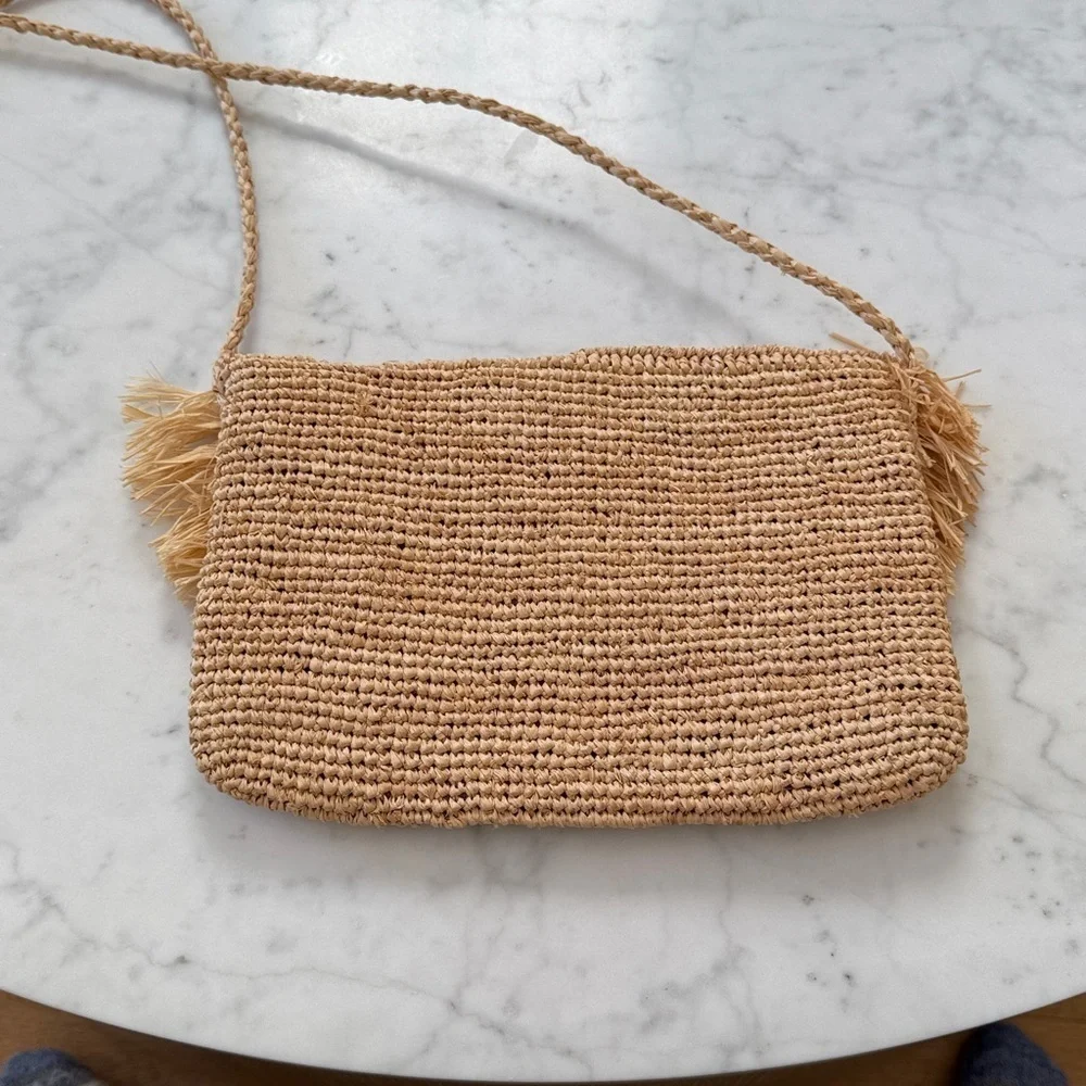 Mar Y Sol Raffia Crossbody Bag Tan Woven Fringe Straw Boho Beach